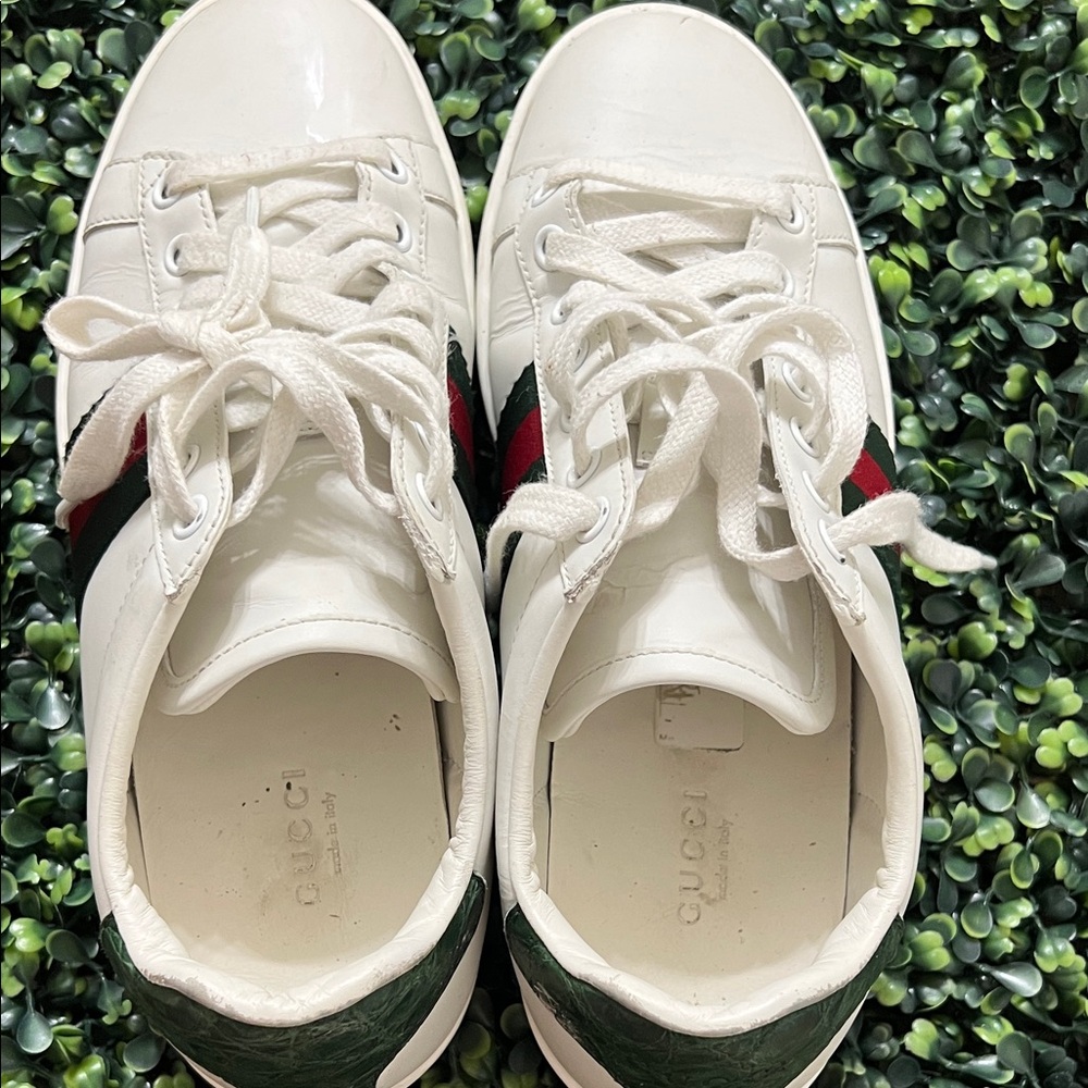 Gucci White Leather Sneakers with Green and Red Accents